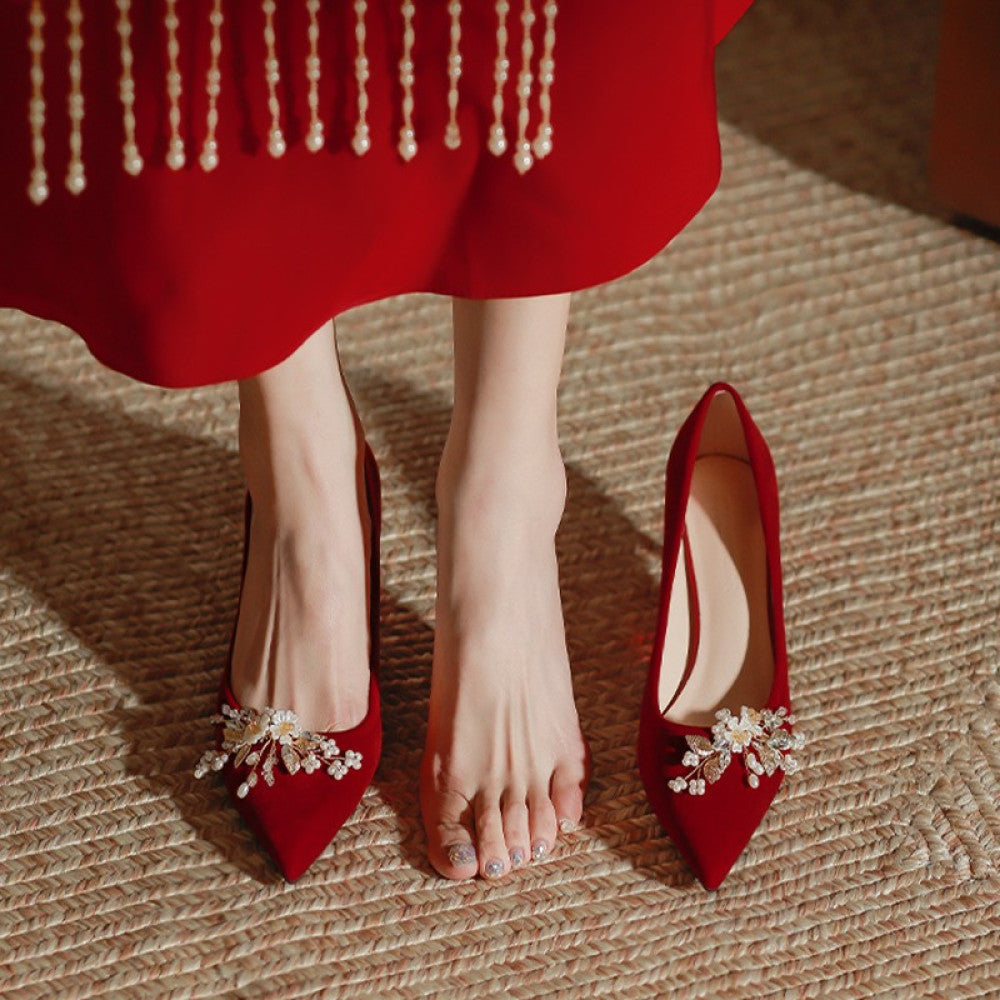 Red wedding shoes women s fashion show women s clothing two pairs of high heeled bridal shoes 2025 new pregnant women s thick heeled Chinese dress shoes image 138