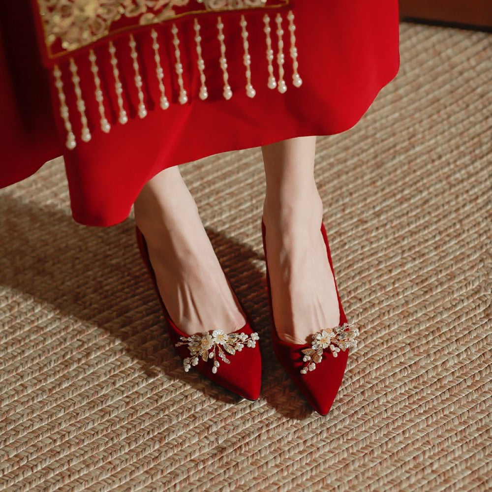 Red wedding shoes women s fashion show women s clothing two pairs of high heeled bridal shoes 2025 new pregnant women s thick heeled Chinese dress shoes image 159