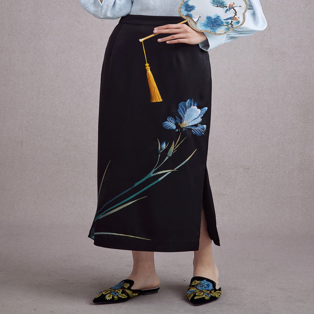 Moyu 2024 autumn new Chinese style orchid embroidery daily Chinese temperament cheongsam style side slit skirt image 0