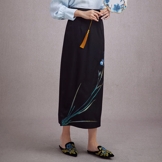 ASAYA2724 New Chinese Style Orchid Embroidery Daily Chinese Style Cheongsam Style Side Split Skirt