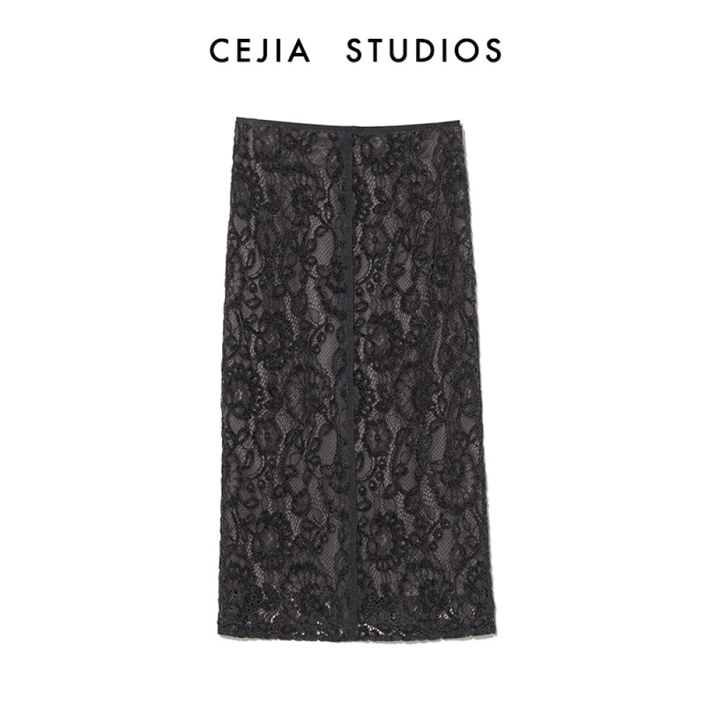 CEJIA imported lace midi skirt high waist over knee deep gray commuting straight tube one step skirt 2025 autumn new style image 10