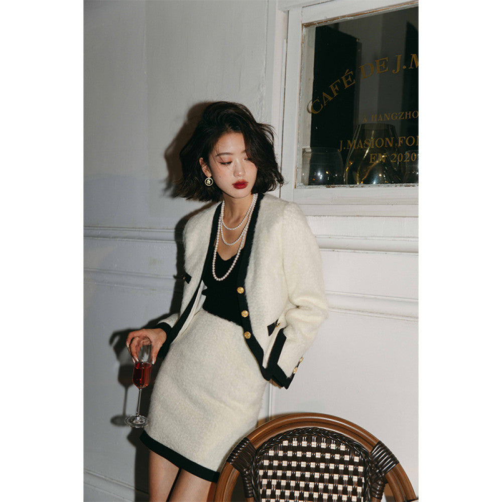 ROSEBANKS Tokyo 797 Water Wave Pattern Camel Velvet White Small Fragrant High Waist Small Coat Half Skirt Set image 1