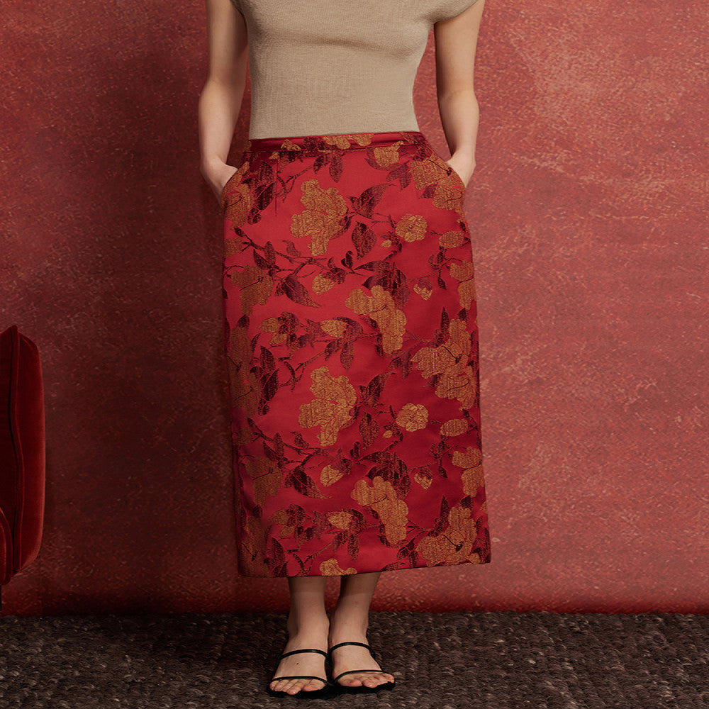 Ruyi Lianyun Spring and Autumn New Jacquard Straight Tube Half length Skirt for Women New Chinese Style Retro Style Pencil Skirt with Drawback image 0