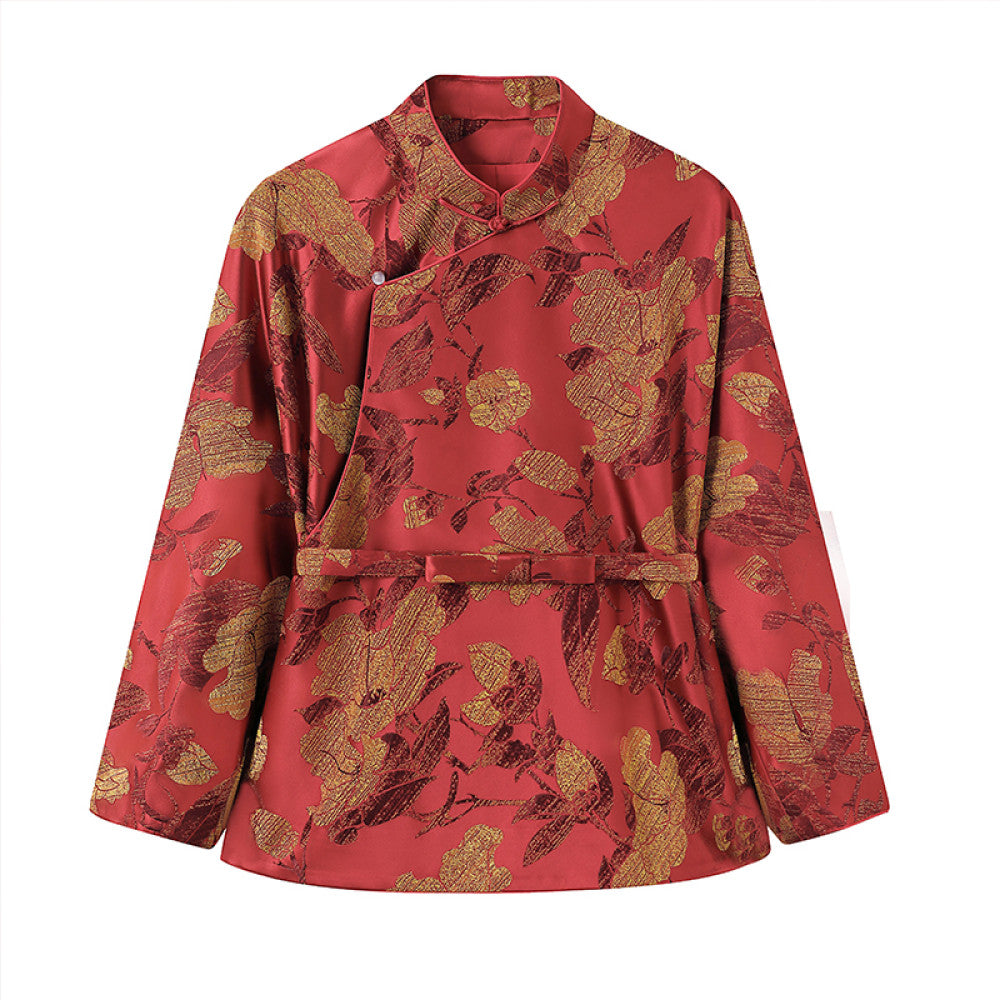 Ruyi Lianyun Spring and Autumn New Slant Collar Jacquard Short Coat Women s National Style Retro New Chinese Style Pan Button Top image 6