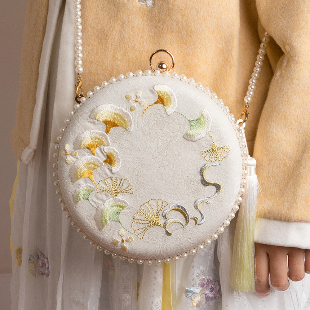 Embroidered handmade bag niche design crossbody bag women s versatile ins gentle ancient style apricot leaf bead Hanfu small bag image 2