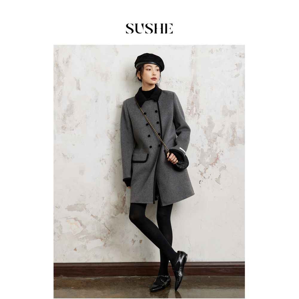 Shuxi SUSHE Sheep Wool Art Gold Fan Contrasting Color Double breasted Grey Double sided Woolen Coat for Women Autumn image 4