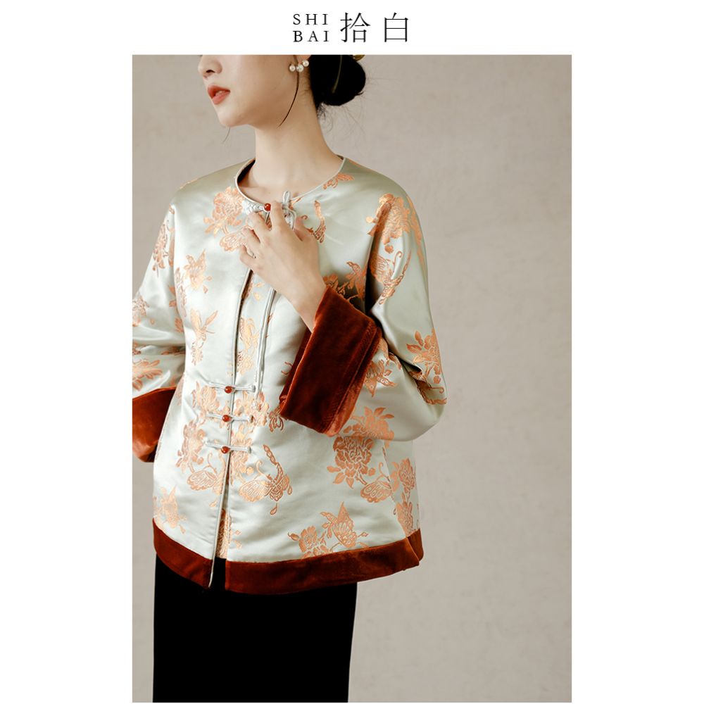 SHIBAI Picking up White Butterfly Playing Peony Original New Chinese style Pan Button Cotton Coat Velvet Jacquard Thick Cotton Coat for Women image 5