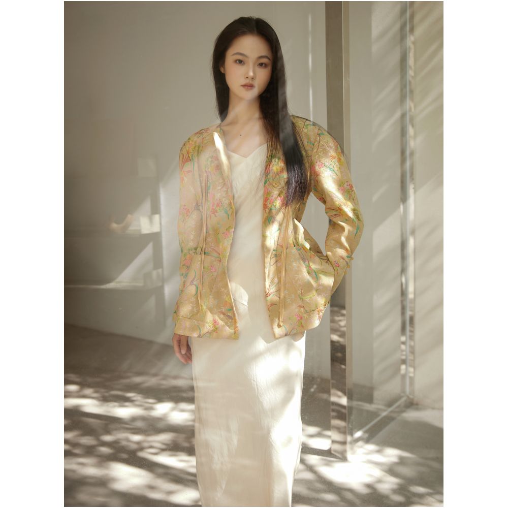 New Chinese style flower and bird painting jacquard fabric vintage style three dimensional waist hugging jacket hip hugging skirt image 23