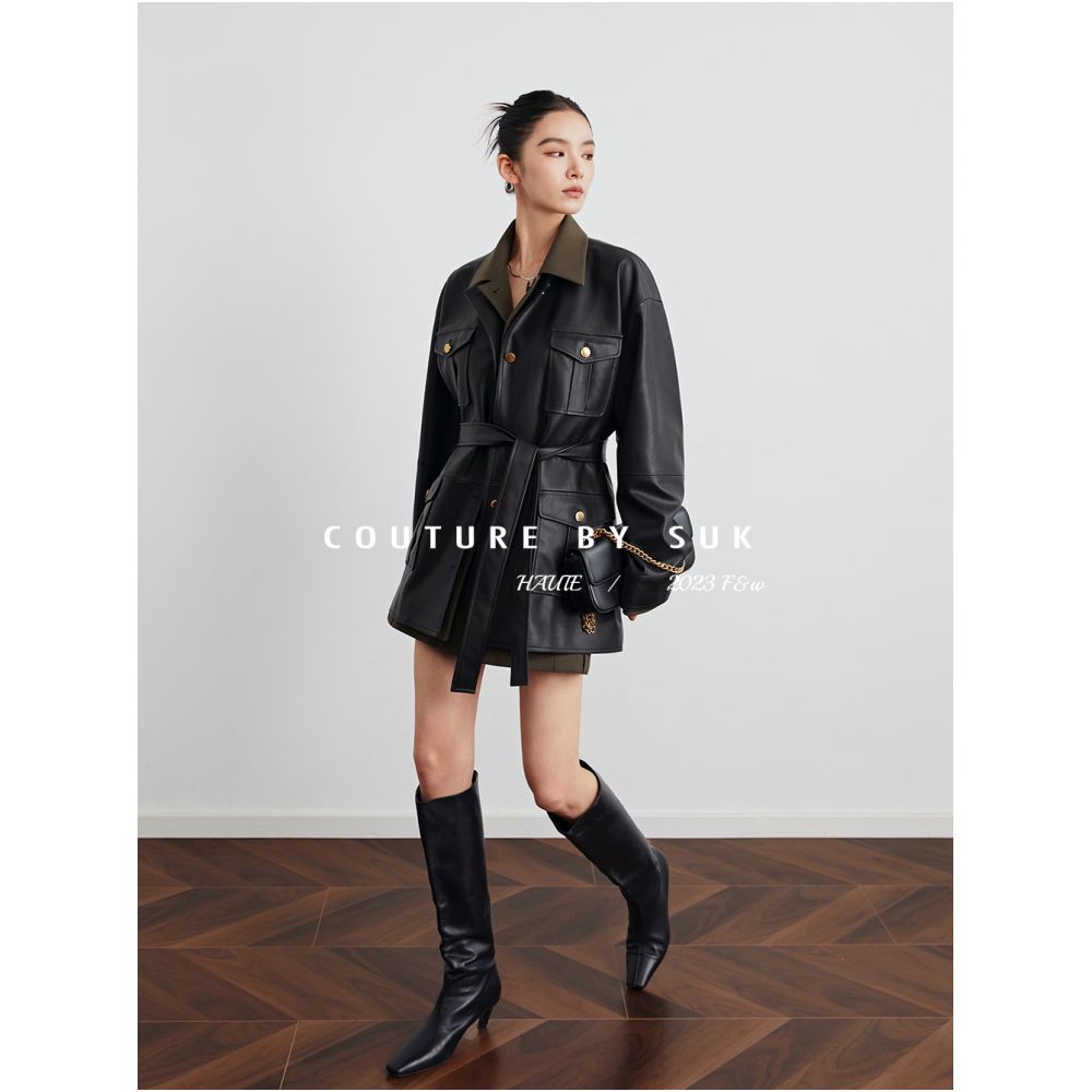 SUK will last forever Autumn black leather jacket half skirt two piece set design inspired leather jacket set for women image 1