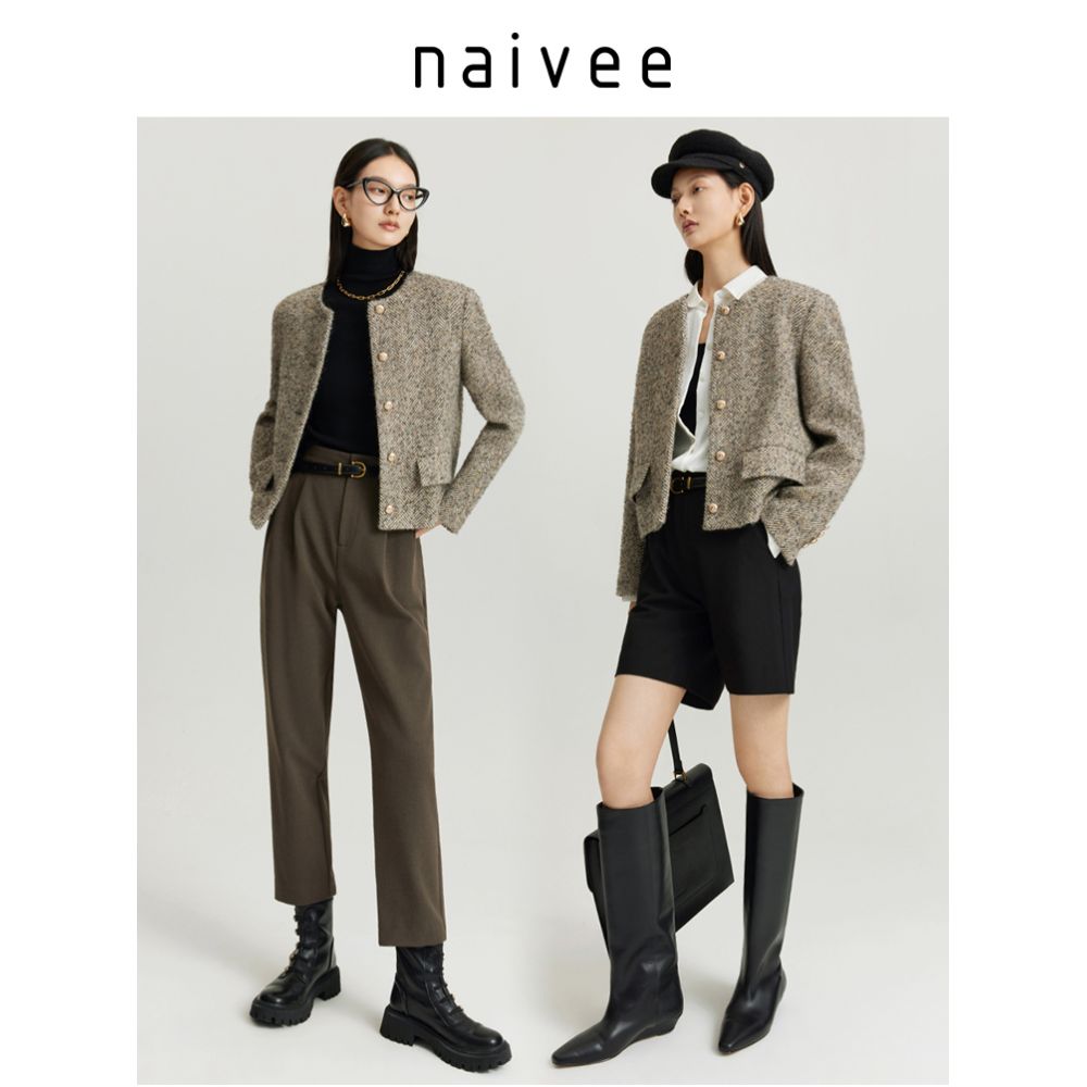 Naivee Naivee Winter Cotton Wool Commuting Elegant Wide Shoulders Small Fragrant Wind No Collar Box Type Woolen Short Coat for Women image 3