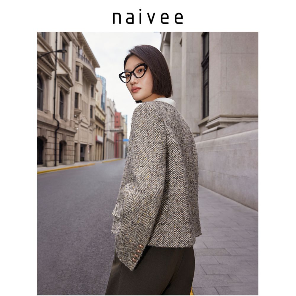 Naivee Naivee Winter Cotton Wool Commuting Elegant Wide Shoulders Small Fragrant Wind No Collar Box Type Woolen Short Coat for Women image 5
