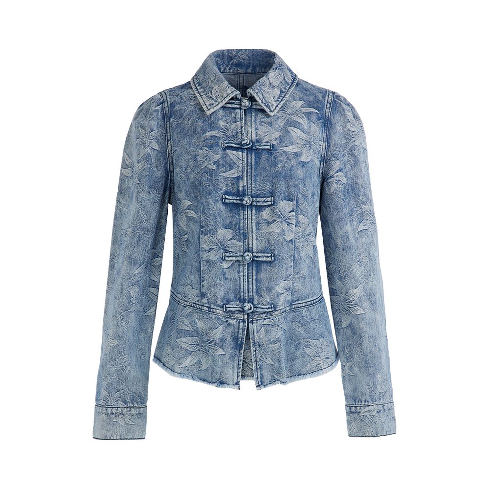 Li Xueqin s same style deep cotton denim jacket with flowers and trees jacquard top buttoned Chinese style waist cinching short jacket image 12
