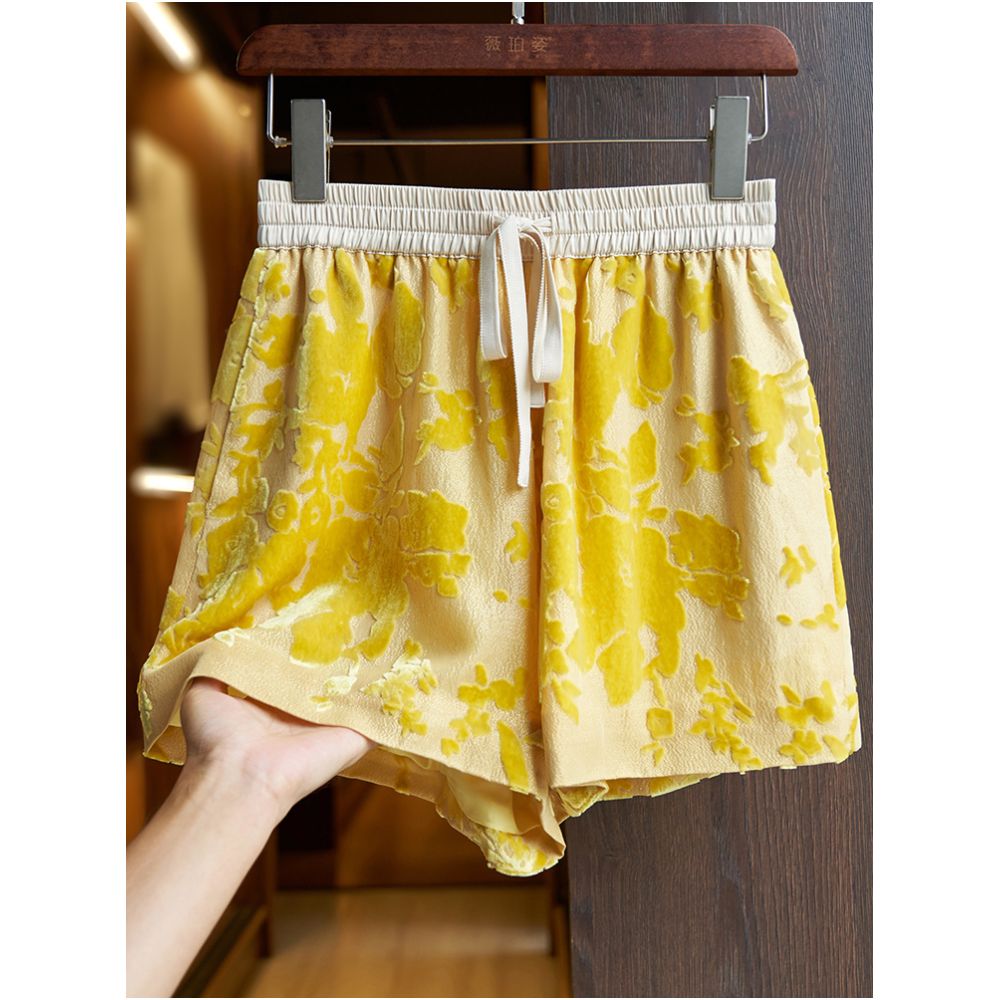 Yellow silk shorts set for women 2024 summer new high end burnt mulberry silk high waist A line wide leg pants thin image 1