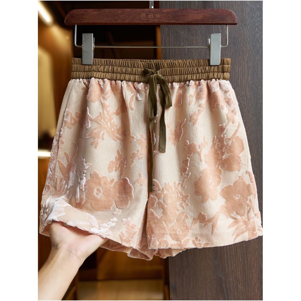 Yellow silk shorts set for women 2024 summer new high end burnt mulberry silk high waist A line wide leg pants thin image 2