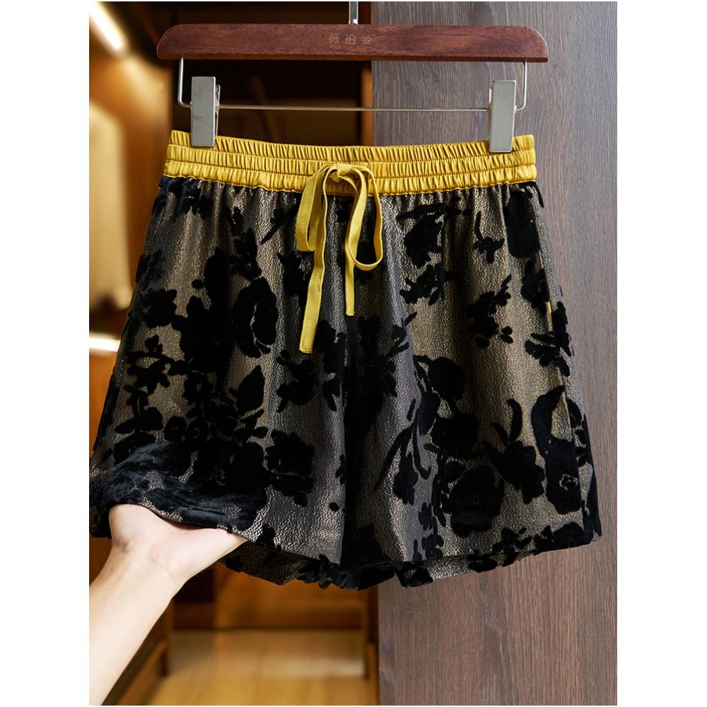 Yellow silk shorts set for women 2024 summer new high end burnt mulberry silk high waist A line wide leg pants thin image 4