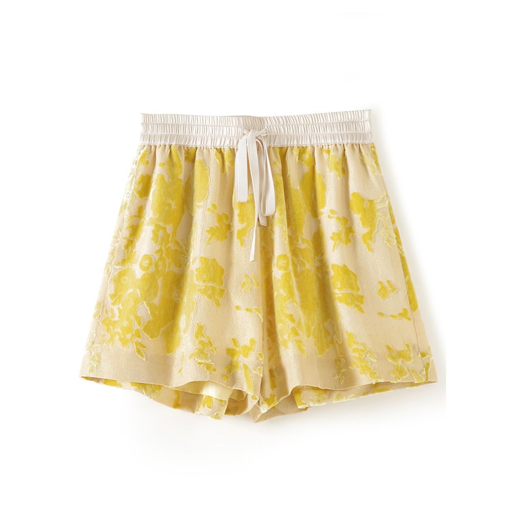 Yellow silk shorts set for women 2024 summer new high end burnt mulberry silk high waist A line wide leg pants thin image 5