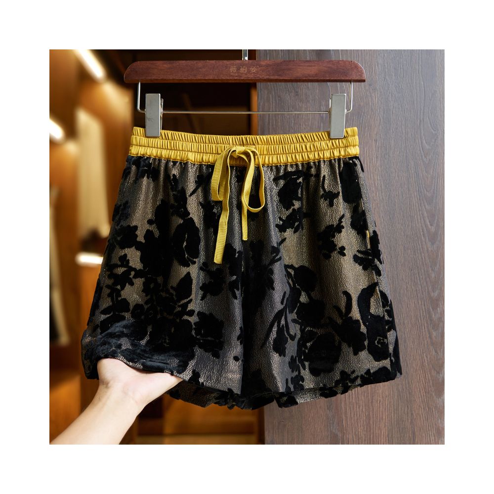 Yellow silk shorts set for women 2024 summer new high end burnt mulberry silk high waist A line wide leg pants thin image 23