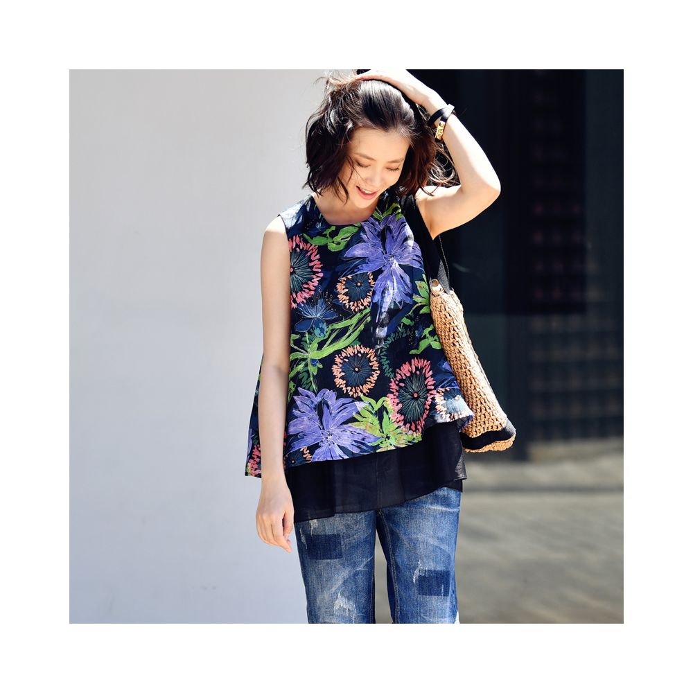Free shipping B0119 artistic leisure simple ramie print small round neck short double layered vest A line sleeveless small shirt for women image 3
