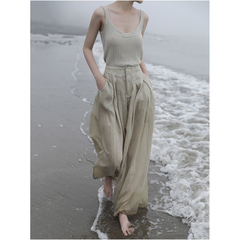 Glossy high waisted hanging thin Lyocell linen wide leg pants for women with Zen style loose and slimming pants design sense image 25