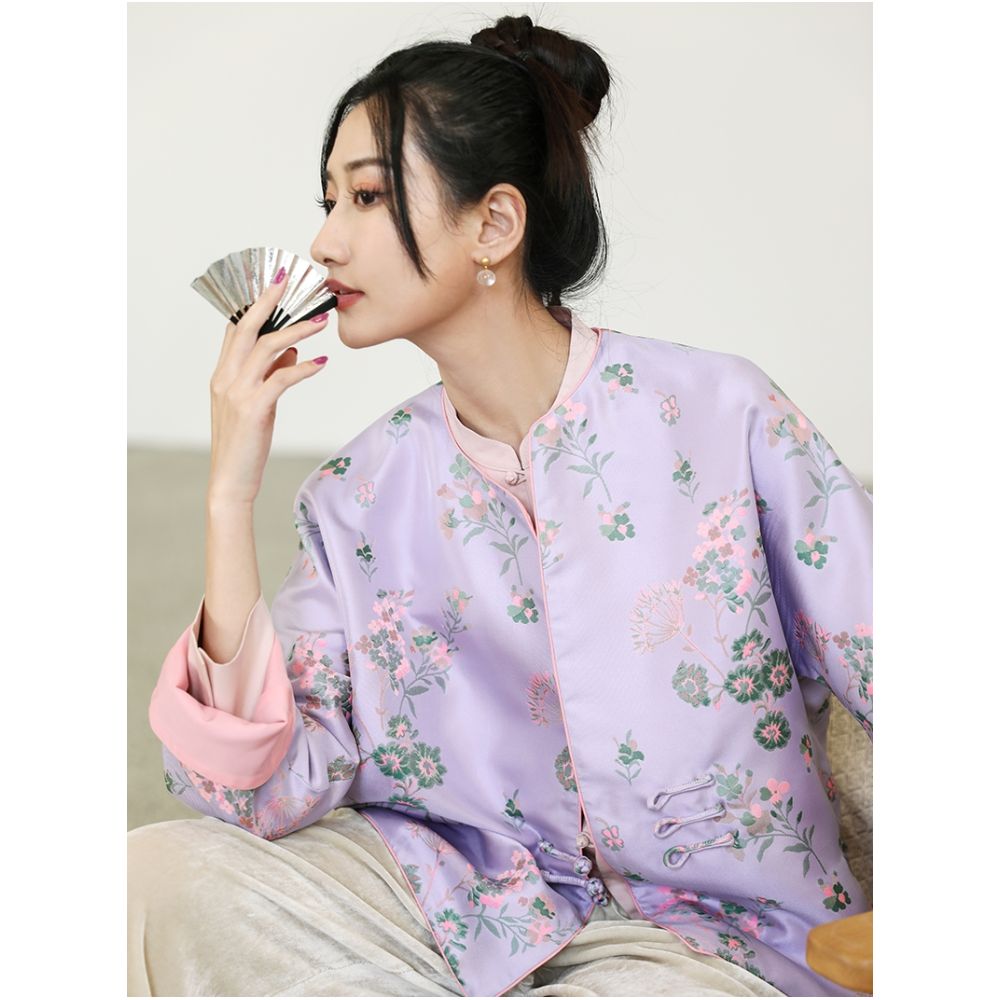Taozhi Yaoyao 2023 Spring Vanilla Sky New Chinese Artistic Round Neck Jacquard Spring and Autumn Sandwich Coat Short image 1