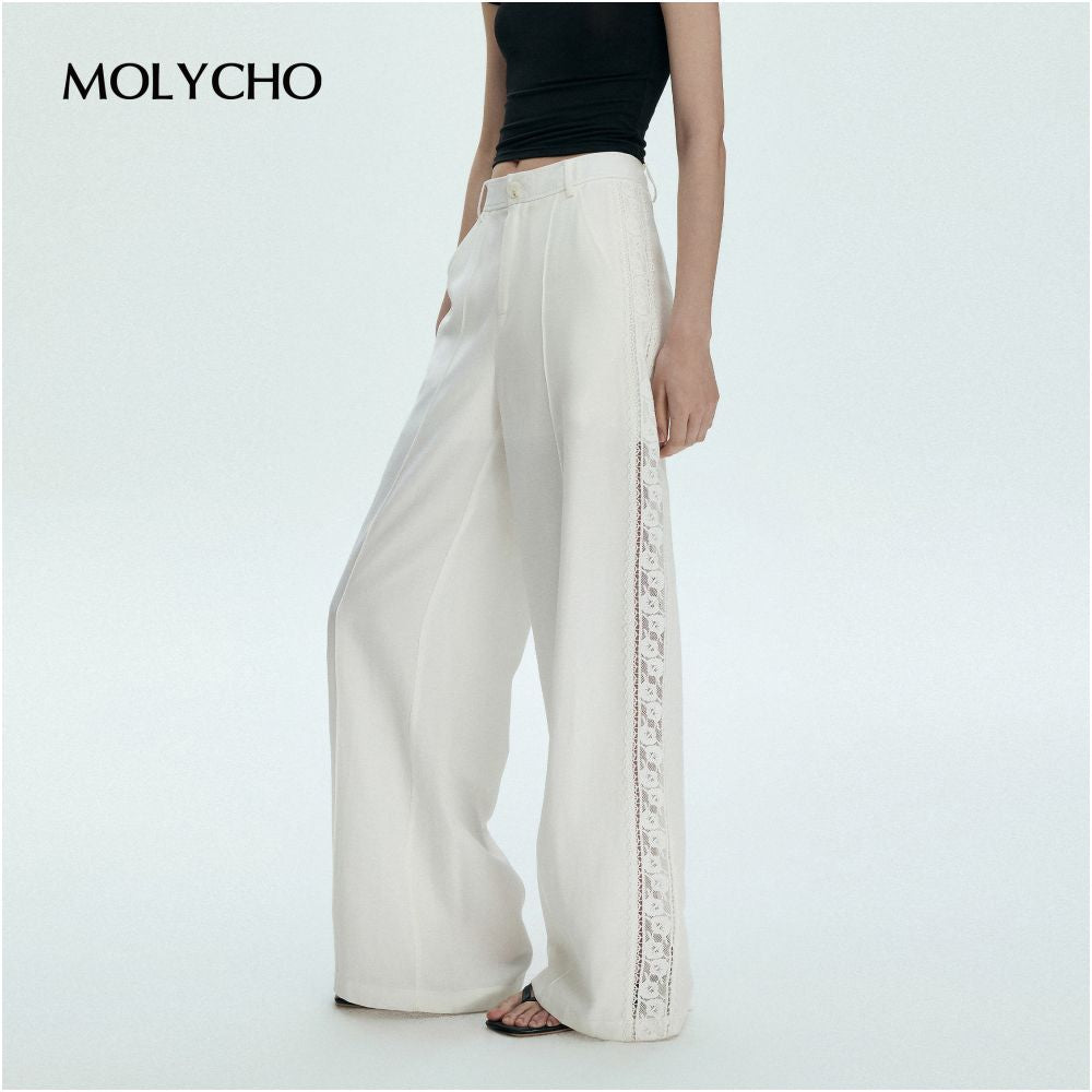 MOLYCHO French lace hollow high waisted wide leg pants for women s summer straight leg pants loose and slimming white pants image 8