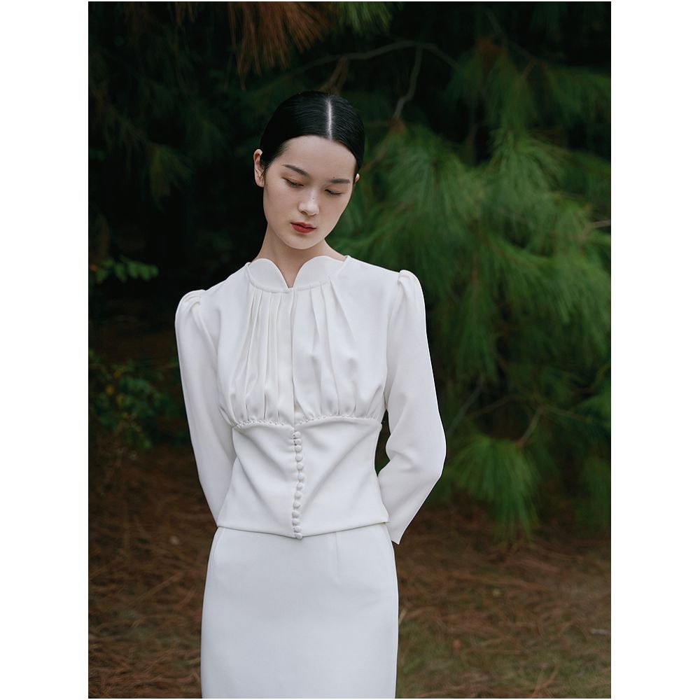 Tree ripples retro fashion photography French puff sleeves stand collar pleated white elegant Hepburn style waist suit skirt image 29