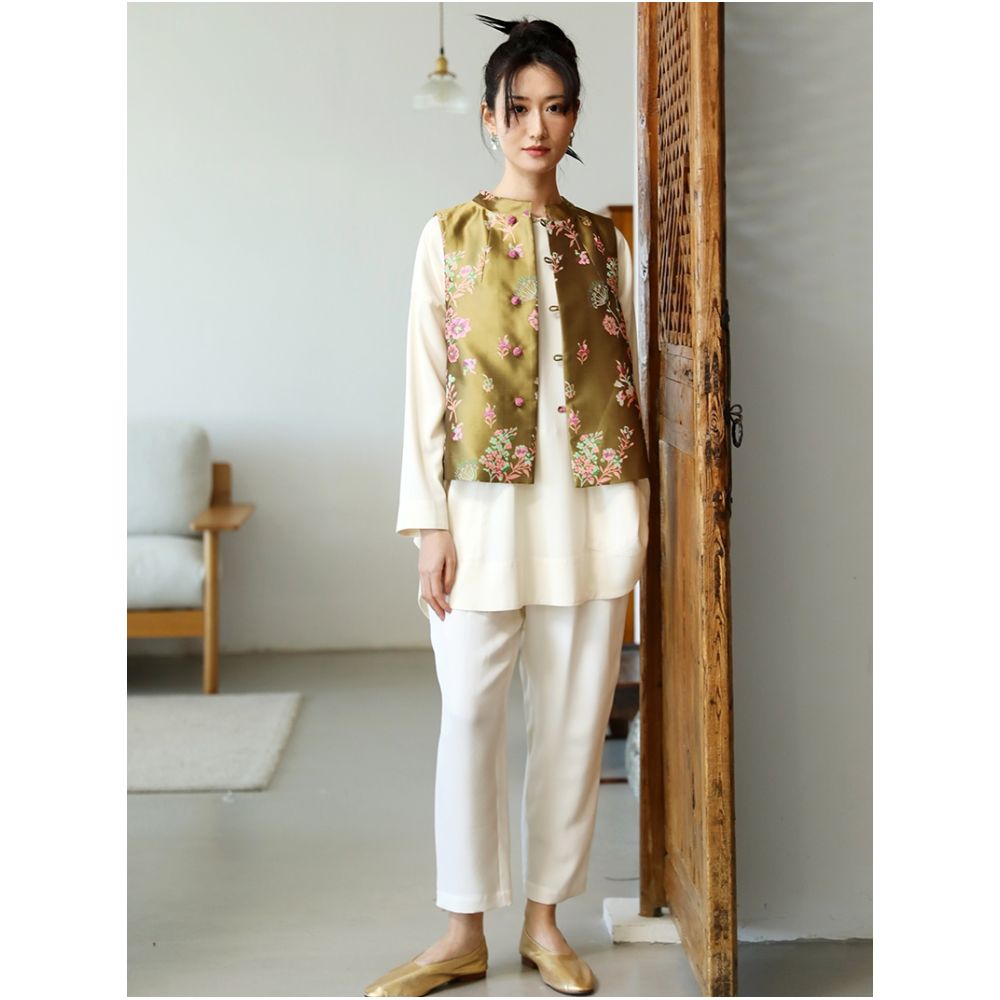 Taozhi Yaoyao 2025 Spring Flower Blossoms Splendid Gold Powder Weaving Jacquard Chinese Artistic Vest Shoulder image 4
