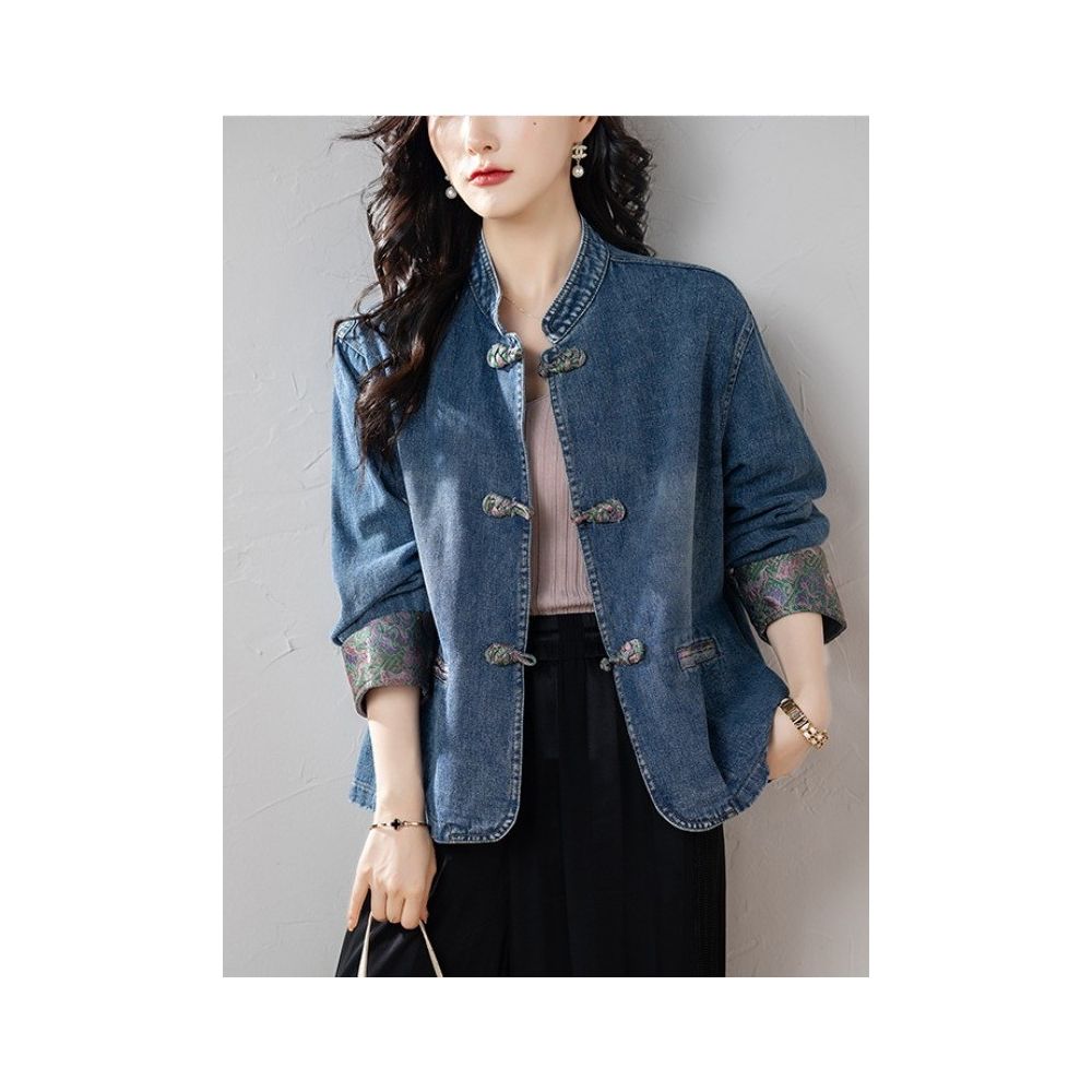 September Momo New Chinese style Cowboy Coat for Women s Spring and Autumn 2025 New Chinese Style Retro Button Embroidered Top for Women image 0