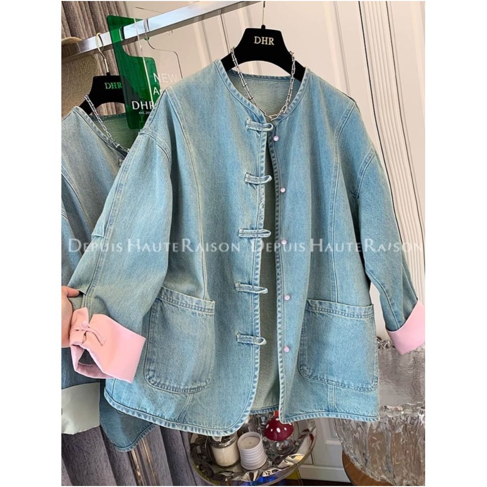 300 pounds extra large spring American retro outerwear men s and women s new Chinese style buckle chic fake two piece denim jacket image 2