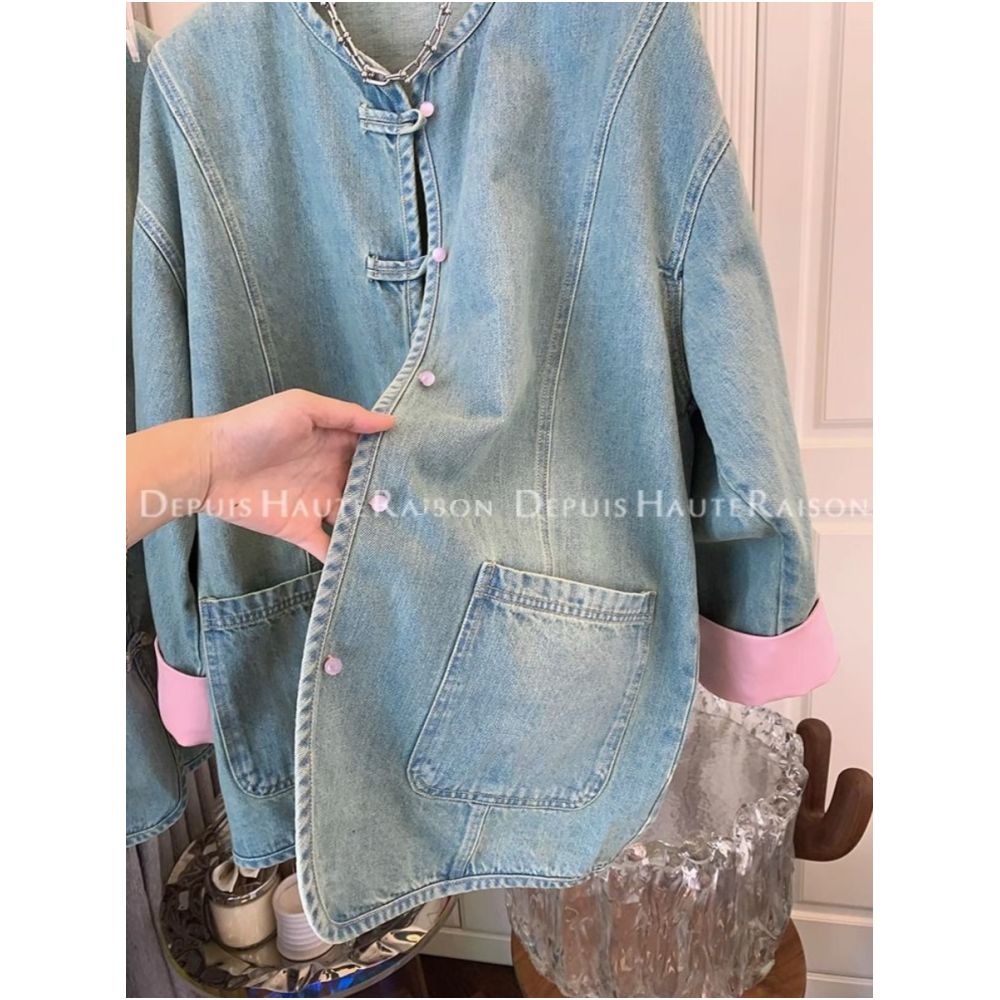 300 pounds extra large spring American retro outerwear men s and women s new Chinese style buckle chic fake two piece denim jacket image 3