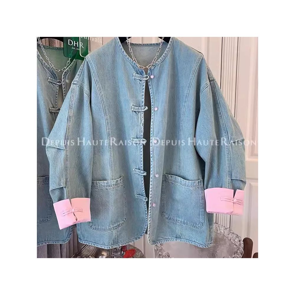 300 pounds extra large spring American retro outerwear men s and women s new Chinese style buckle chic fake two piece denim jacket image 40