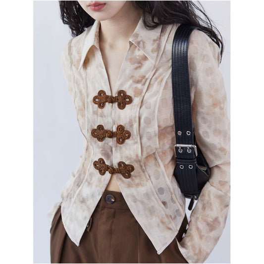 Asaya1092 - Yuan lack of original new Chinese tie-dye shirt niche design disc button trim top