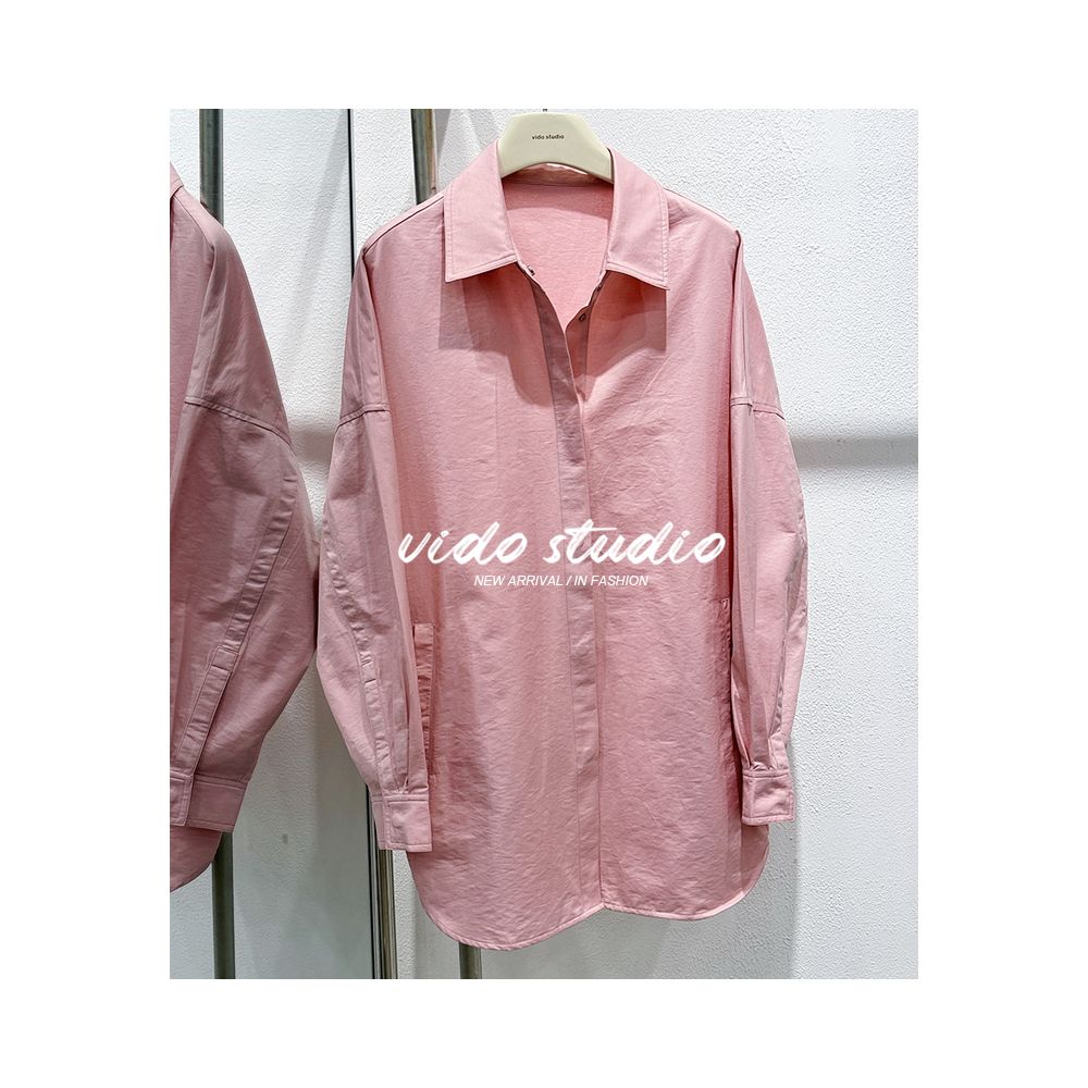 Asaya1079 - Shen Mengchen s same pink long sleeved shirt for women with a niche design loose and lazy silhouette top thin jacket for spring and autumn