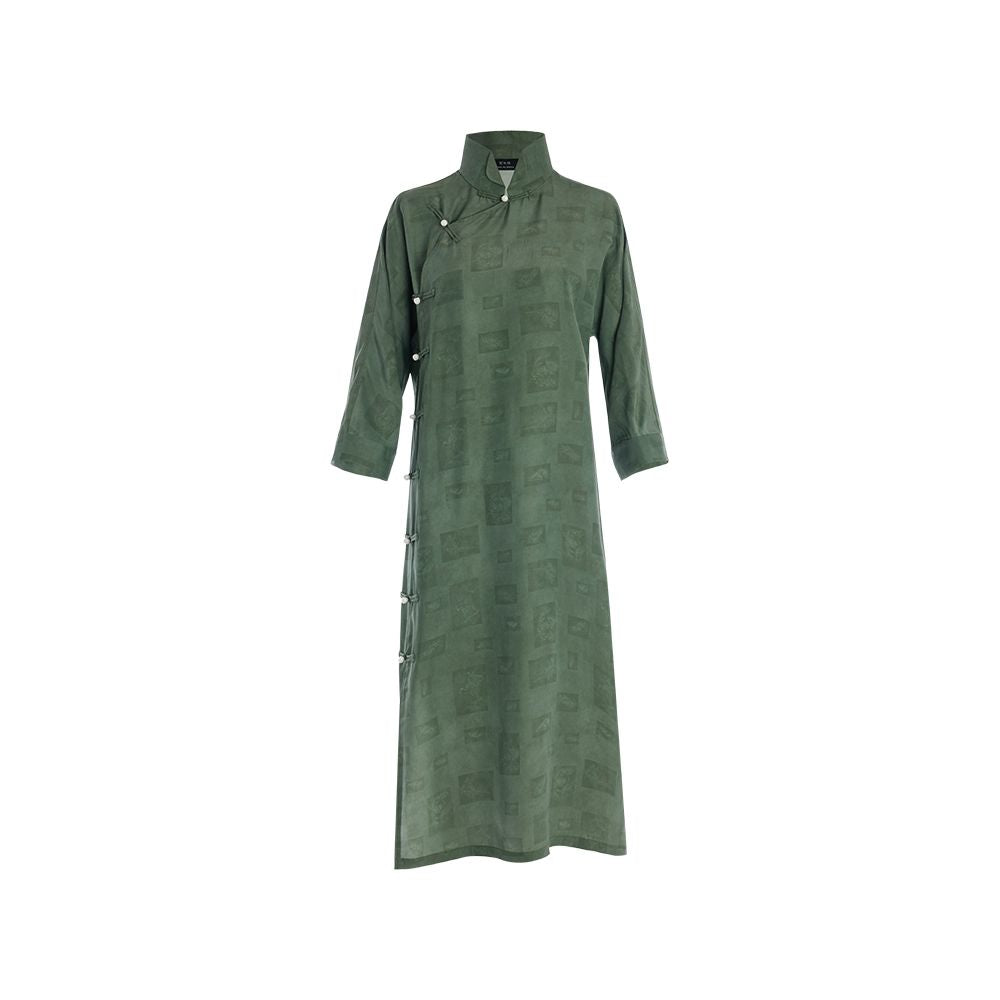 Asaya1074 - Flower and Tree Deep Ancient Method Flat Cutting Improved Cheongsam Silk Vintage Printed Dress Loose Sleeve Chinese Style Dress