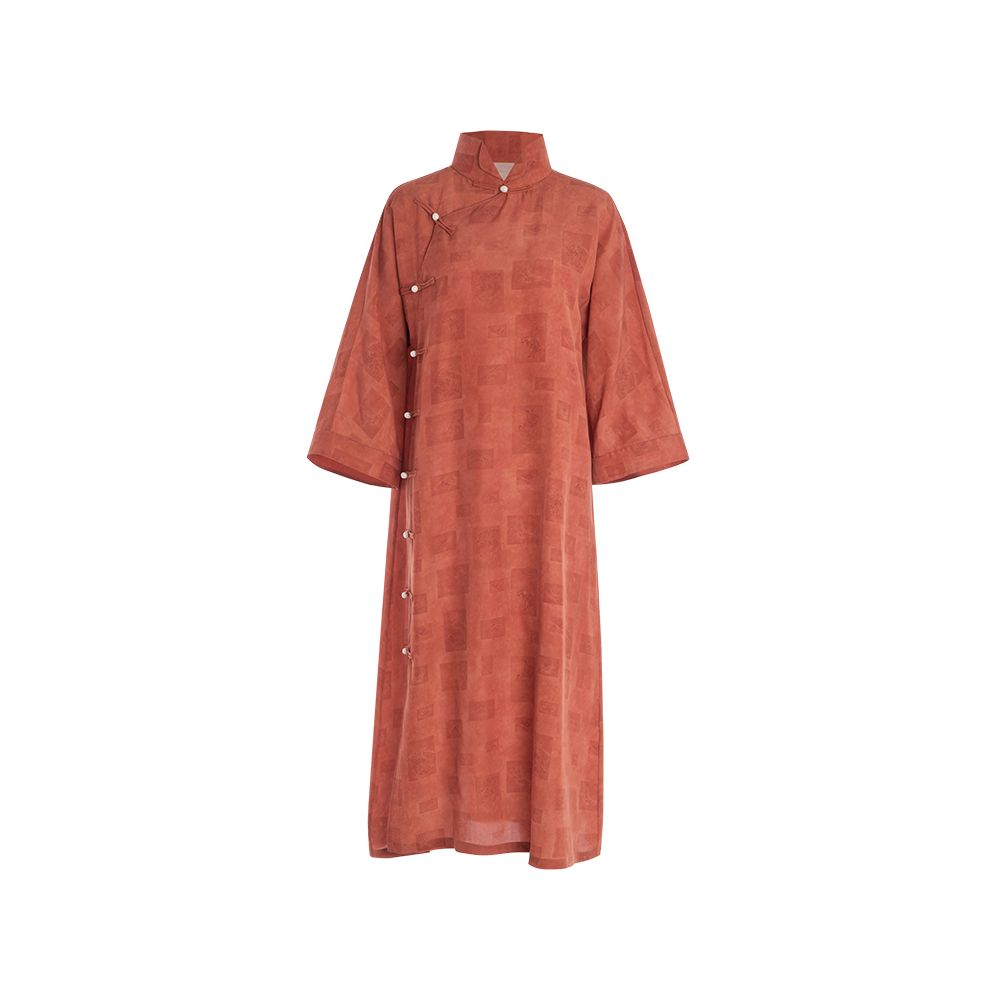 Flower and Tree Deep Ancient Method Flat Cutting Improved Cheongsam Silk Vintage Printed Dress Loose Sleeve Chinese Style Dress image 17