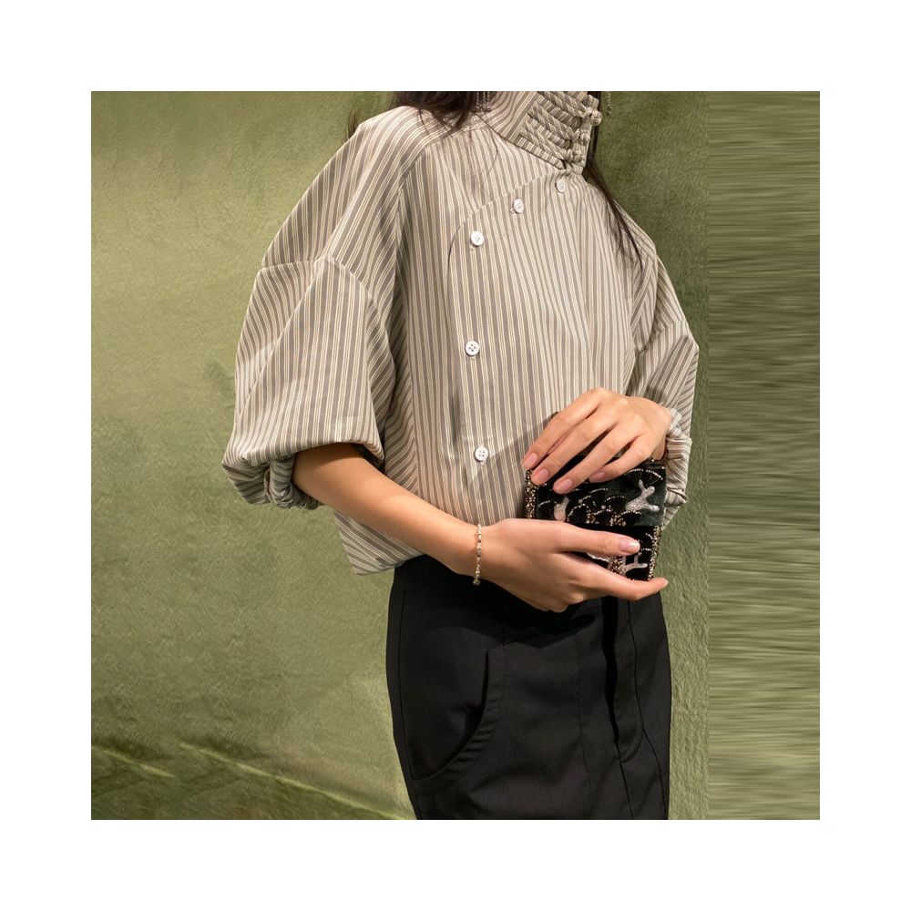 New Chinese style design commuting buckle half high collar diagonal collar striped shirt with cuffs and tie up shirt top for spring and summer new styles image 1