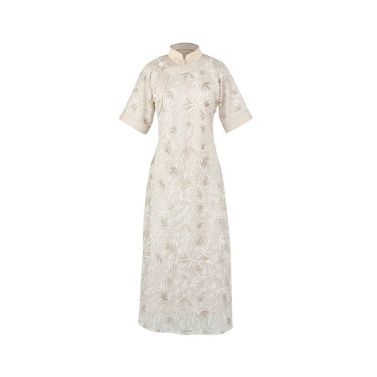 Asaya1020 - Republic of China style replica of ancient flat cut cheongsam women s flower and tree deep flat shoulder Chinese standing collar bamboo leaf embroidery short sleeved dress