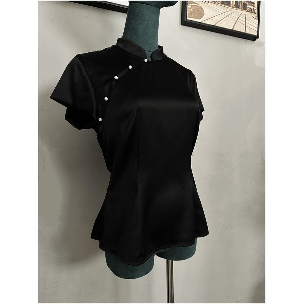 Monthly poster silk cheongsam top appears slim with exposed waist slightly wide short sleeved stand up collar slim fit silk side zipper image 32