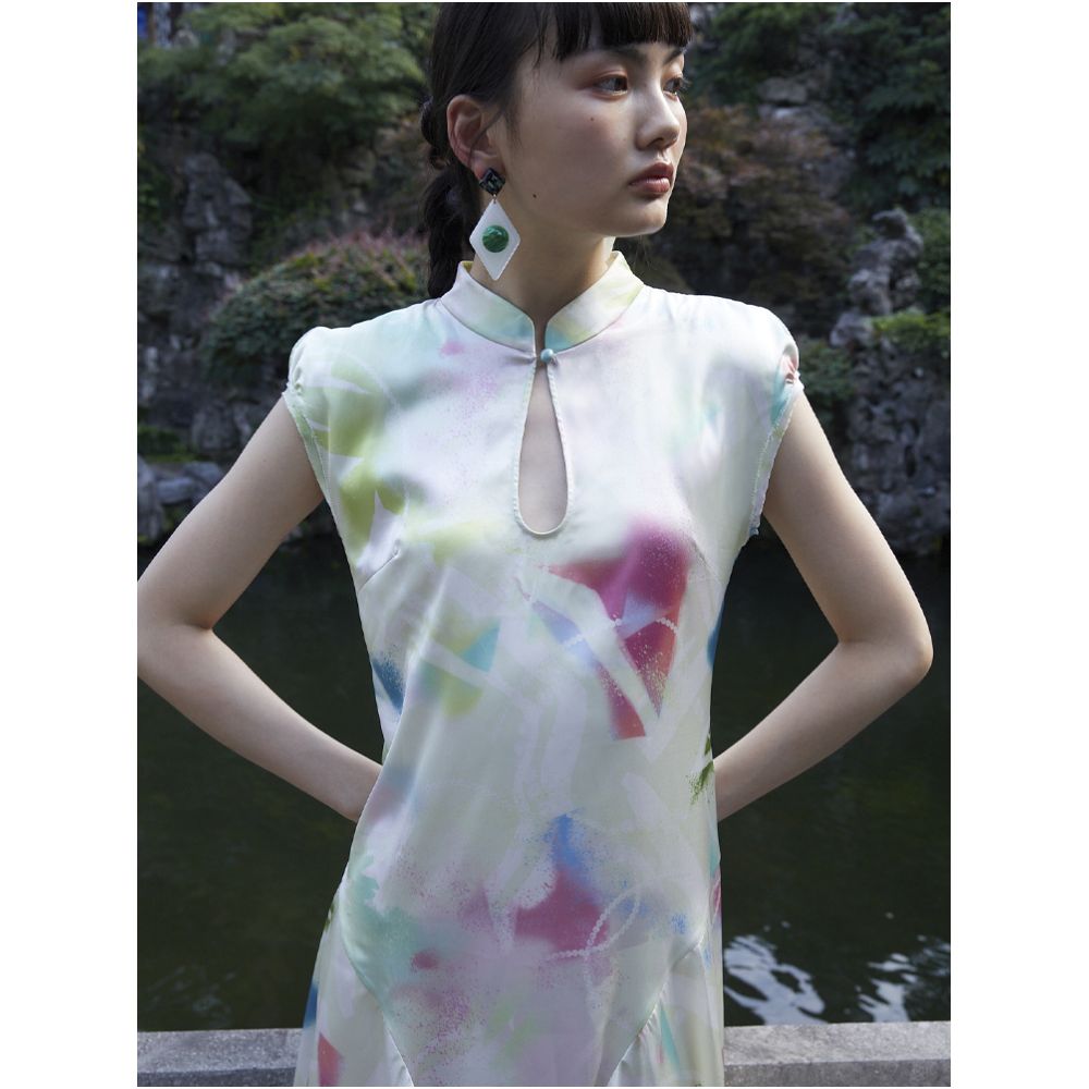 PaleBlueDot Summer Fashionable Blended Pattern Lotus Leaf Edge Improved Chinese Cheongsam Dress image 0
