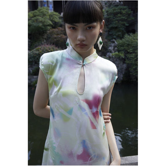 Asaya939 - PaleBlueDot Summer Fashionable Blended Pattern Lotus Leaf Edge Improved Chinese Cheongsam Dress