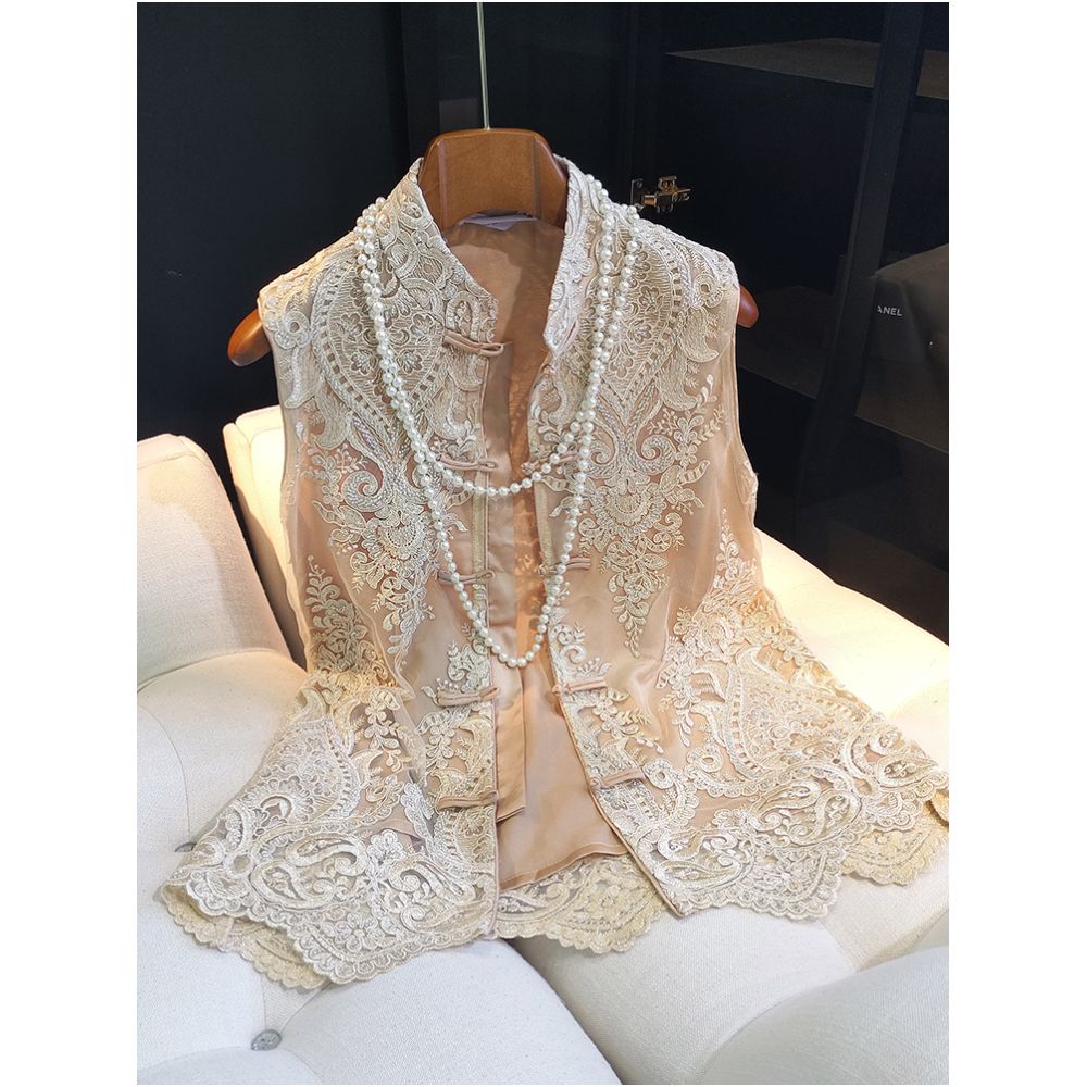 High end heavyweight lace nail bead vest for women in summer thin design retro improved cheongsam top buttoned sleeveless vest image 1