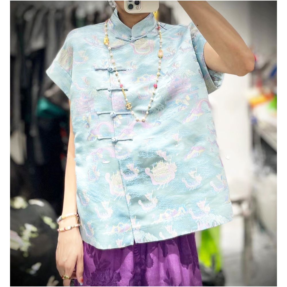 Town store baby PYJ153 white rose red short sleeved shirt base shirt Chinese retro small shirt top for spring and summer women image 57