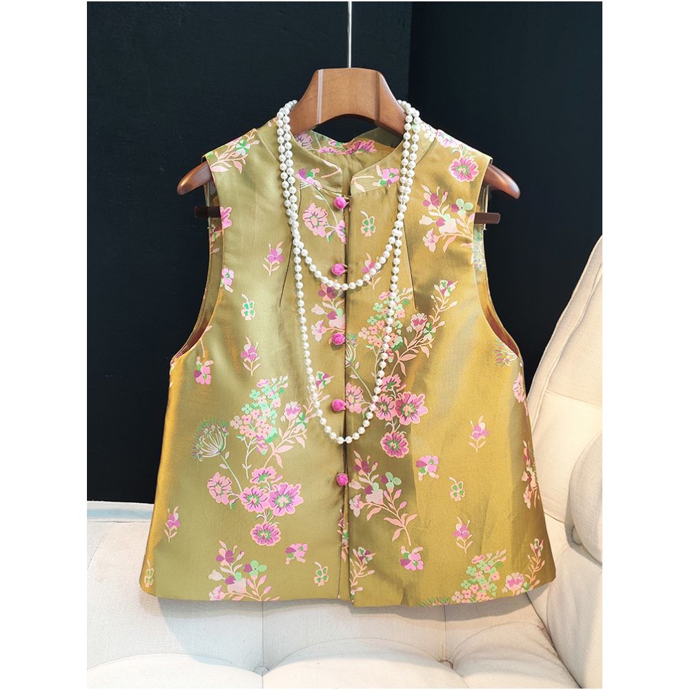 Improved Chinese style buckle vest design for women with a niche and fashionable Chinese style retro jacquard woven brocade Tang style vest and top image 0