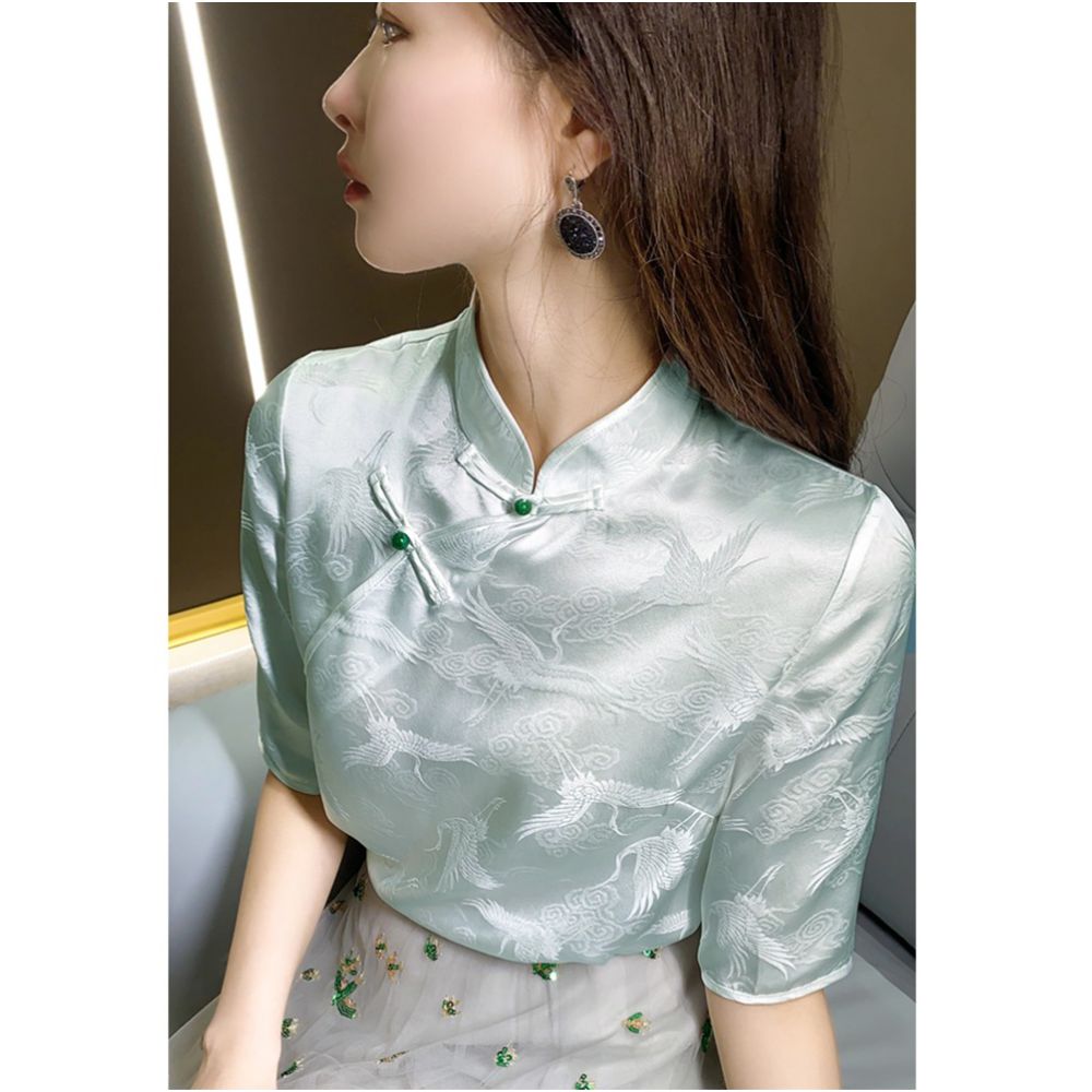 Heavy Industry Jacquard Heavy duty Silk Short sleeved Shirt Women s Summer Retro Buckle White Crane 2024 New Top image 2
