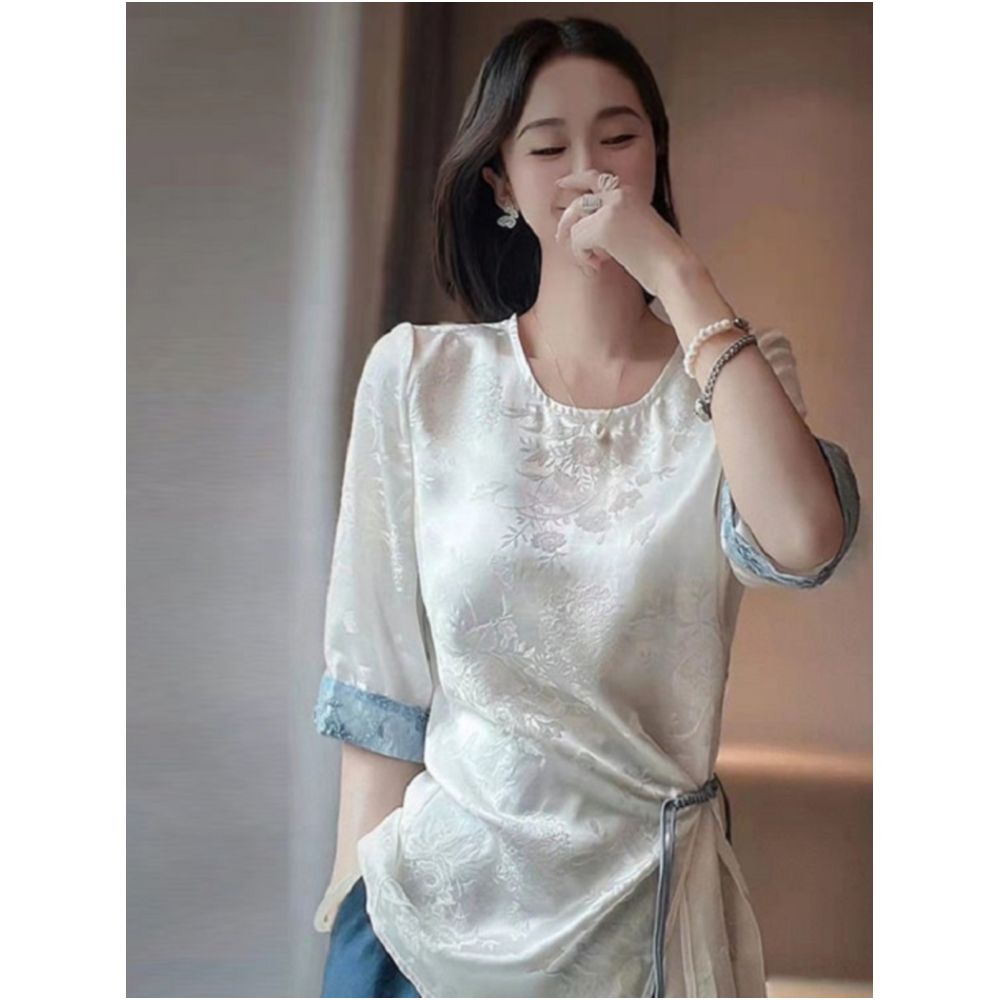 New Chinese style irregular waist slimming shirt new Chinese style loose jacquard mid sleeved Hanfu round neck top with button closure image 1