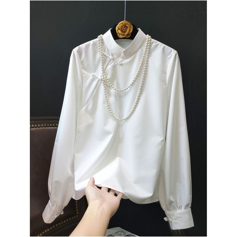 White pure cotton shirt women s 2025 spring new retro stand collar button long sleeve versatile casual top shirt image 1
