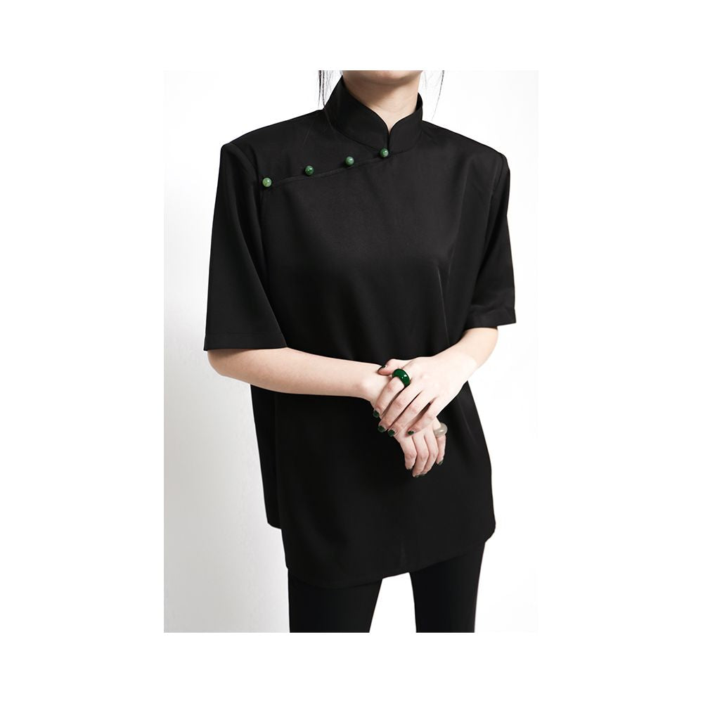 Asaya633 - APOZi Ink Stain Series Black New Chinese style Stand up Collar Shoulder Cushion Short Sleeve Shirt for Women with a Design Sense and a Small Interest Summer Top