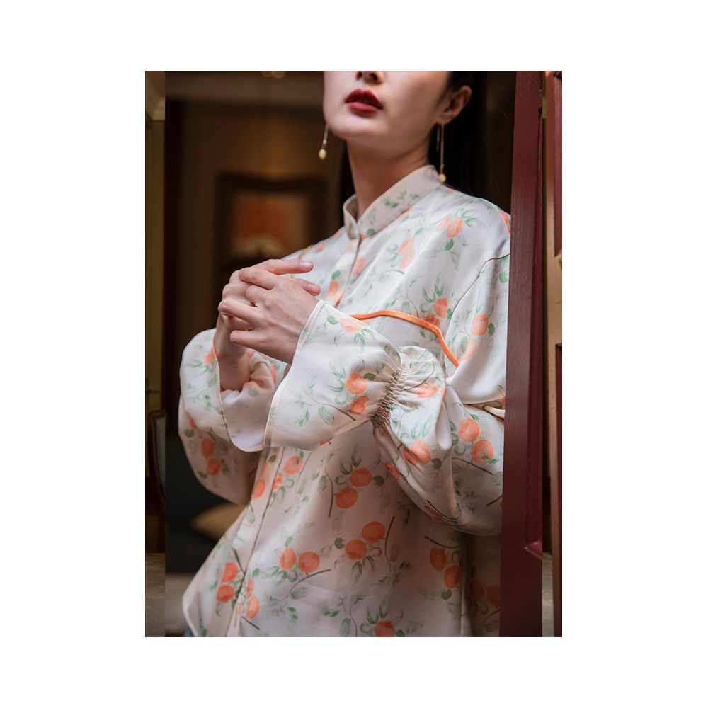 Interface persimmon ruyi Japanese simulation silk spring drawstring design long sleeved printed shirt top for women image 40
