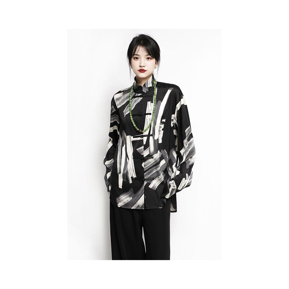 Asaya574 - APOZi textured series unisex new Chinese style printed stand up collar button up shirt for spring and autumn new vintage shirt