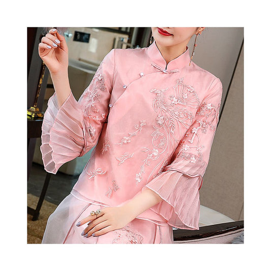 Asaya546 - Cheongsam young Tang suit two piece set Hanfu women s Chinese style summer retro top Zen tea suit fairy atmosphere